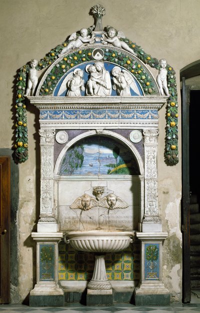 Decoree szökőkút magas domborművel márványból és terrakottából, Giovanni della Robbia (1469-1529) 1498. Santa Maria Novella sekrestye, Firenze alkotó: Giovanni della Robbia