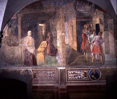 Szent Benedek megjavítja a törött szitát, részlet a Szent Benedek életét ábrázoló freskóciklusból a Chiostro degli Aranci (Narancsok kolostora) 1430-as évek körüli freskóból (freskó). alkotó: Giovanni di Consalvo (attr. to)