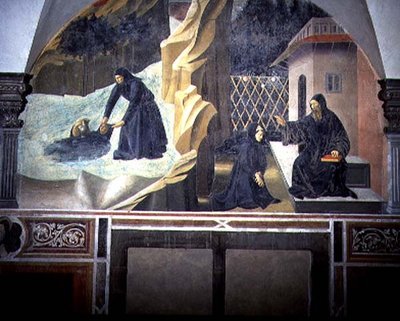 Szent Benedek elküldi Maurót, hogy mentse ki a tóból a fuldokló Placidust, részlet a Szent Benedek életét ábrázoló freskóciklusból a Chiostro degli Aranci (Narancsok kolostora) 1430-as évek körül (freskó). alkotó: Giovanni di Consalvo (attr. to)