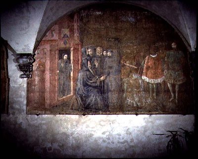 Szent Benedek és Totila király hírnöke, részlet Szent Benedek életének freskóciklusából, a Chiostro degli Aranci (Narancsok kolostora) 1430-as évek körüli freskóból (freskó). alkotó: Giovanni di Consalvo (attr. to)