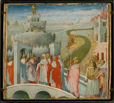 La procession de Saint Gregoire au Chateau Saint-Ange -A Szent Gergely körmenet az Angyalvárban ... alkotó: Giovanni di Paolo
