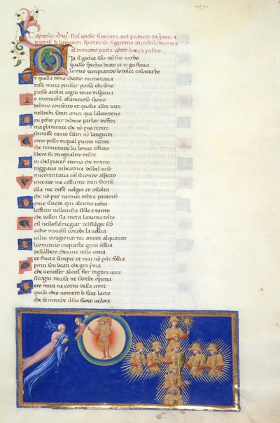 Paradiso, XVIII. ének. A miniatűr Dante és Beatrice a Mars mennyországának perifériáján lévő Cacciaguida félfigurája előtt lebeg, amelynek középpontjában a szárnyas Mars alak áll. Danténak látható a nyolc szent harcos, akik megjelennek alkotó: Giovanni di Paolo