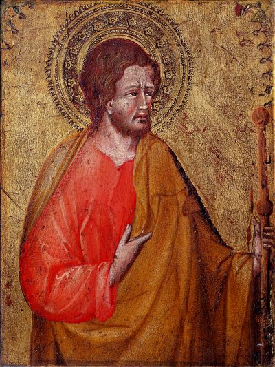 Pelerin Szent Jakab ábrázolása Őrnagy Szent Jakab vagy Szent Jakab, Zebedeus fia. Giovanni di Paolo festménye (1395 / 1400-1482) 15. századi Assisi, a San Francesco-bazilika Kincstárának Múzeuma és a Perkins-gyűjtemény alkotó: Giovanni di Paolo