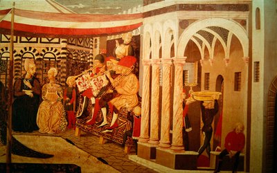 Elülső rész az Adimari Cassone-ból, amely esküvői jelenetet ábrázol a keresztelőkápolna előtt, 1450 körül alkotó: Giovanni di Ser Giovanni Scheggia