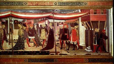 Reneszánsz esküvői szertartás Részlet a Cassone Adimarit díszítő panel bal oldalán. Esküvői jelenet a Piazza del Duomo-n (Plaza de la Cathedrale Santa Maria del Fiore). A párok a kortezsban egy lombkorona alatt haladnak előre. Giovanni di Ser G festménye alkotó: Giovanni di Ser Giovanni Scheggia