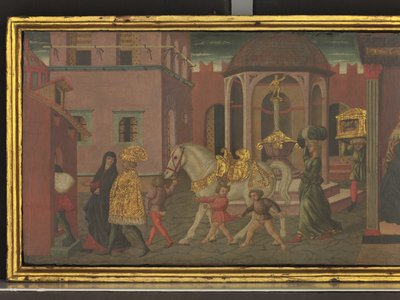 Traianus és az özvegy története, részlet egy cassone tábláról, 1450 körül (tempera, tábla) alkotó: Giovanni di Ser Giovanni Scheggia