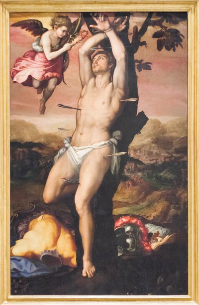Szent Sebestyén megkapja a vértanúság koronáját és pálmáját alkotó: Girolamo (1521 c.1580) Siciolante