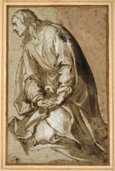 Fiatal szent térdel imában (toll és barna tinta barna mosással és kiemeléssel) alkotó: Girolamo (circle of) Muziano