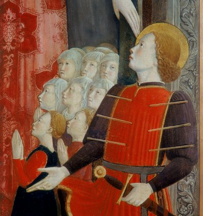 Szent Sebestyén részlete, Madonna della Misericordia Szent Venantiusszal és Szent Sebestyénnel, 1463 alkotó: Girolamo Giovanni