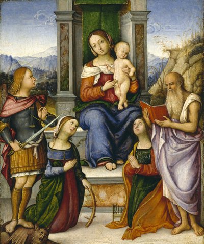 A Szűz és a Gyermek Szent Mihály, Alexandriai Katalin, Cecília és Jeromos trónolója, 1512 körül alkotó: Girolamo Marchesi da Cotignola