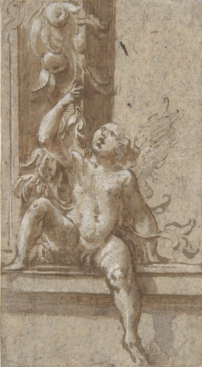 Egy vázon ülő puttó, kb. 1538-40. alkotó: Girolamo Mazzola Bedoli