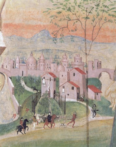 Prato város látképe, részlet a keresztrefeszítésből, a Káptalanházból, 1509 alkotó: Girolamo Ristori