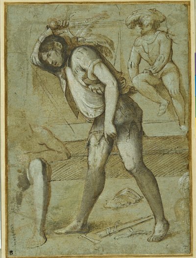 Egy hóhér, aki egy szakállas szentet készül lefejezni (toll és barna tinta mosással és fehér testszín a papíron) alkotó: Girolamo Romanino