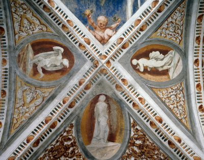 Mozaikfülkék és szobrok, Girolamo Romanino freskóinak részlete (kb. 1484-1559 után), Bernardo Clesio megrendelésére alkotó: Girolamo Romanino