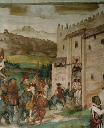 Bartolomeo Colleoni és Keresztény király visszatérése Malpagába a vadászat után (freskó) alkotó: Girolamo Romanino
