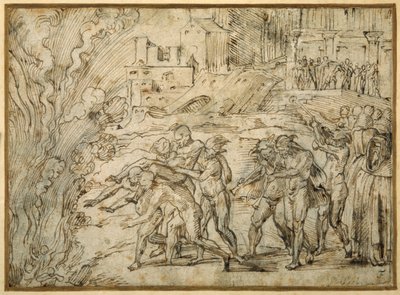 A máglya Hannibál csapatai előtt Saguntum elestekor (toll és barna tinta barna mosással) alkotó: Girolamo Romanino