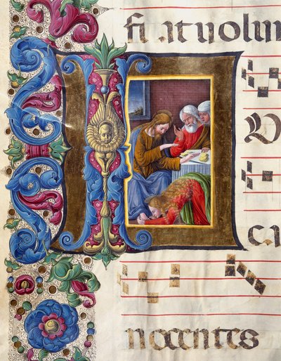 Decoree fejléc, amely Mária Magdolnát Jézus lábánál ábrázolja Miniatűr Girolamo da Cremona (aktív 1451-1483 körül) és Liberale da Verona (1445-1529) egy kórustól (Cod. 22/7. c.15v) a sienai katedrálisból . 15. századi székesegyház (Dóm). alkotó: Girolamo da Cremona