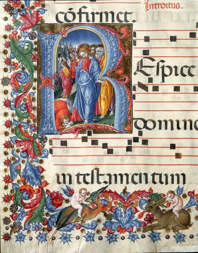 Decoree lettrine Krisztust és Leprát ábrázoló miniatűr Girolamo da Cremonától (aktív 1451-1483 körül) és Liberale da Verona (1445-1529) egy kórustól (Cod. 19/4. c. 26.) a sienai katedrálisból. 15. századi székesegyház (Duomo), Siena, Olaszország alkotó: Girolamo da Cremona