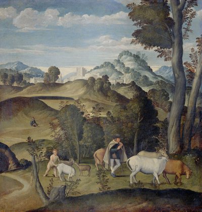 Az ifjú Merkúr marhát lop az Apollón csordából alkotó: Girolamo da Santacroce (ca.1480 1556) (attributed to)