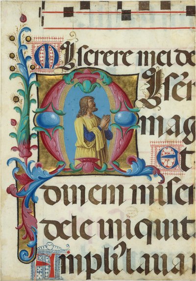 Kéziratos megvilágítás Dáviddal imában, M betűvel, zsoltárból, olasz, 1501-2. alkotó: Girolamo dai Libri