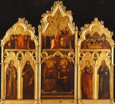Oltárkép három részből: Középen: A Szűz koronázása alkotó: Giuliano da Rimini