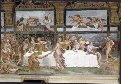 Előkészületek az istenek lakomájára Ámor és Psyche esküvőjére, részlet alkotó: Giulio (1483 1520) Romano