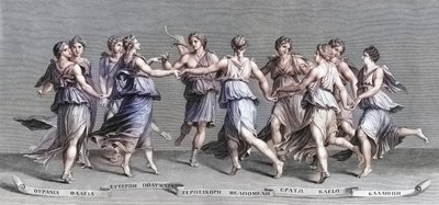 Apolló kilenc olimpikon múzsájával táncol. (nyomtatás) alkotó: Giulio (after) Romano