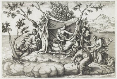 Latona születése Apollónnak és Dianának, vésette Diana Mantovana (sz. 1535), 1575 után (metszet) alkotó: Giulio (after) Romano