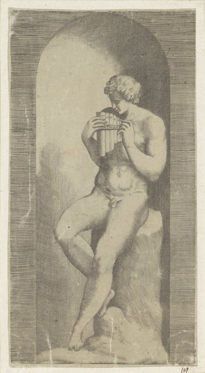 Meztelen férfi serpenyőben fuvolával egy fülkében alkotó: Giulio Bonasone (possibly)