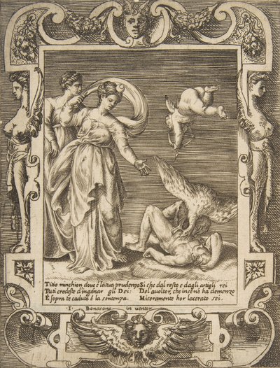 Titius bensőjét faló keselyű, Ámor két nő fölött balra, egy...-en belül, 1531-76. alkotó: Giulio Bonasone