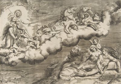A felkelő nap allegóriája, egy meztelen férfi, aki lepelben és az idő atya kíséretében..., 1531-76. alkotó: Giulio Bonasone