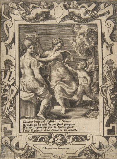 Athéné Juno közelében ül, aki elvette Ámor nyilait, egy kidolgozott keretben..., 1531-76. alkotó: Giulio Bonasone