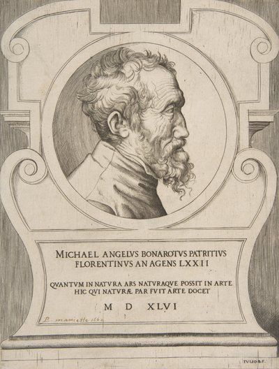 Michelangelo mellszobrai portréja jobbra néz, egy kartonban., 1546. alkotó: Giulio Bonasone
