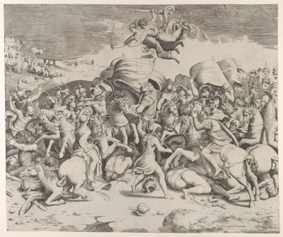 Konstantin legyőzi a zsarnok Maxentiust, felette kardot hordozó angyalok repülnek, 1544., 1544. alkotó: Giulio Bonasone
