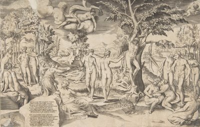 Ámor az Elysian Fieldsben egy fához kötözve a közepén, körülvette sok alakomat, 1563. alkotó: Giulio Bonasone