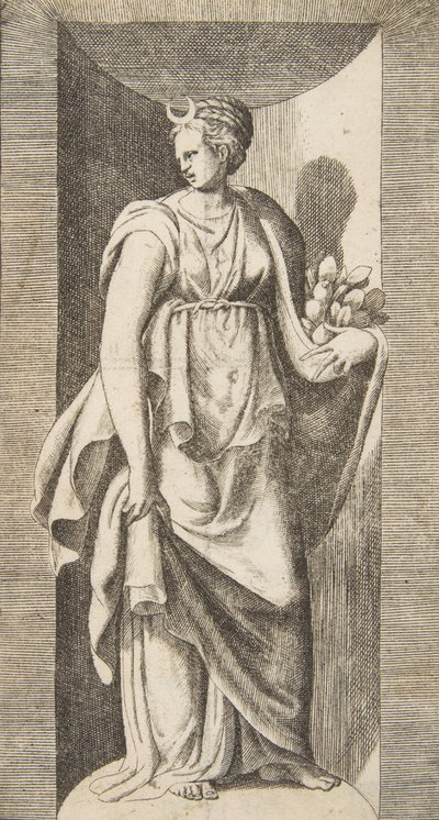 Diana bal kezében gyümölcsöt tart egy fülkében, kb. 1531-76. alkotó: Giulio Bonasone