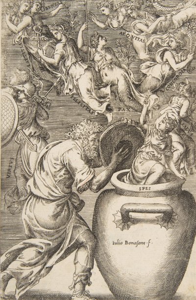 Epimetheus kinyitja Pandora szelencéjét, 1531-76. alkotó: Giulio Bonasone