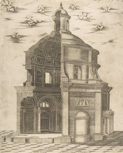 Egy Neptunusz tiszteletére szentelt római templom külső és belső része, 1541. alkotó: Giulio Bonasone