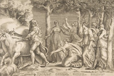 Herkules, aki elűzi Geryon jószágát, jobbra Hesperides nimfái, ..., 1531-76. alkotó: Giulio Bonasone