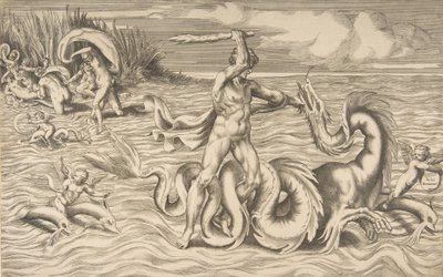 Herkules harcol egy sárkánnyal középen, Achelous elviszi Deianeirát a bal felső sarokban, 1531-76. alkotó: Giulio Bonasone