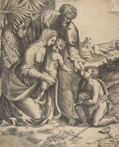 Szent Család Keresztelő Szent Jánossal, aki a jobb oldalon térdel, 1531-76. alkotó: Giulio Bonasone