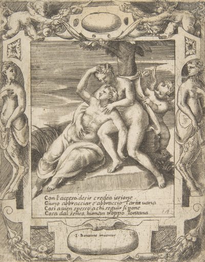 Ixion egy felhőt ölelve, azt gondolva, hogy Junó, jobbra Ámor, egy feldolgozásban játszódik..., 1531-76. alkotó: Giulio Bonasone