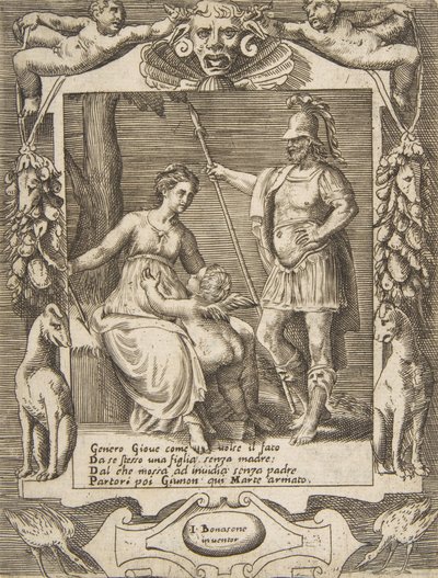Juno, Mars és Ámor, kidolgozott keretek között, a Szerelmek, dühök és féltékenység..., 1531-76-ból. alkotó: Giulio Bonasone