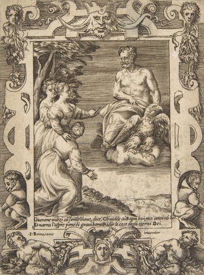 Juno a bal oldalon arra kéri Jupitert, hogy segítsen a görögöknek, kidolgozott keretek között, a „..., 1531-76-ból”. alkotó: Giulio Bonasone