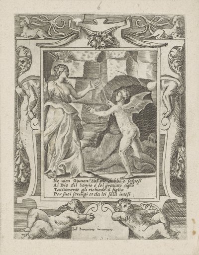 Juno megparancsolja az alvásnak, hogy szálljon le a Jupiterre Juno szerelme, haragja és féltékenysége (sorozat címe) Amori sdegni et gielosie di Giunone (sorozat címe) alkotó: Giulio Bonasone