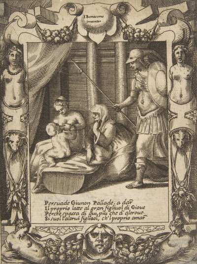 Juno ráveszi Athénét, hogy ápolja az ifjú Herkulest, kidolgozott keretek között,..., 1531-76. alkotó: Giulio Bonasone
