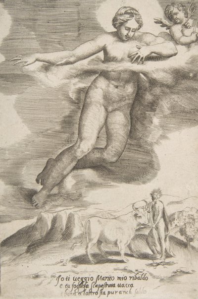 Juno nézi a Jupitert és Iót, Az istenek szerelmeiből, 1531-60. alkotó: Giulio Bonasone
