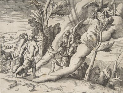 Jupitert és Junót a mennyekben fogadta Ganymedes és Hebe, a hadosztálytól..., 1531-76. alkotó: Giulio Bonasone