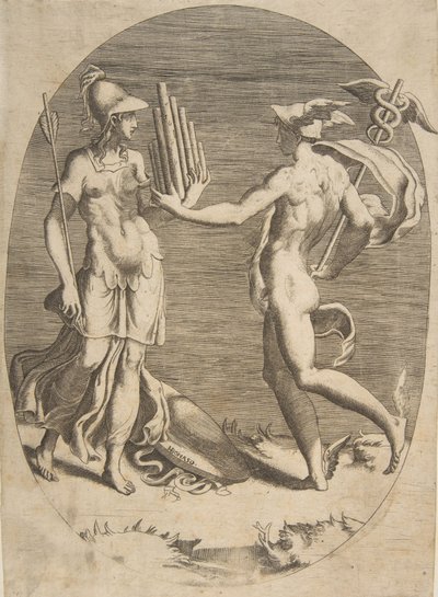 Merkúr pánsípot ad a bal oldalon álló Minervának, ovális kompozíció, 1531-76. alkotó: Giulio Bonasone