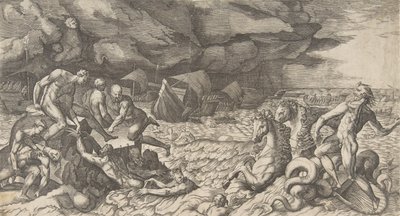 A Neptunusz lecsillapítja a vihar Aeolust, amelyet az Aeneas flotta ellen emeltek, 1531-76. alkotó: Giulio Bonasone